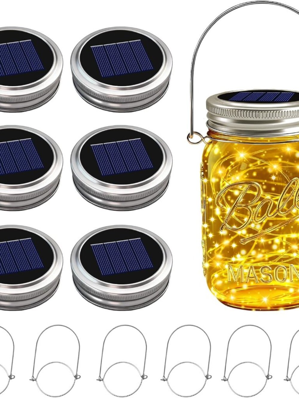 6 Pack Solar Mason Jar Lights for Outside, 30 LED Solar Mason Jar Lids Fairy Lig